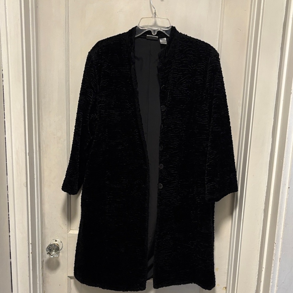 Chico’s Whimsy Goth Dark Fairy Black Rippled Textured Long Dark Dress Coat Lg